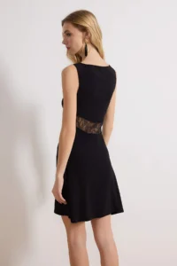 TRENDYOLMİLLA Black Waist Opening Boat Neck Sleeveless Lace Detailed Mini textured Knitting Dress - Image 4