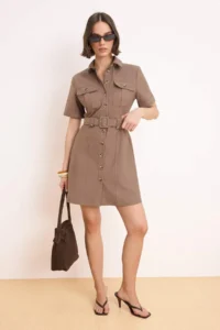 TRENDYOLMİLLA Brown Arched Mini Gabardine Weaving Shirt Dress