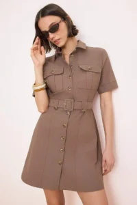 TRENDYOLMİLLA Brown Arched Mini Gabardine Weaving Shirt Dress - Image 2