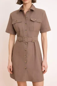TRENDYOLMİLLA Brown Arched Mini Gabardine Weaving Shirt Dress - Image 3