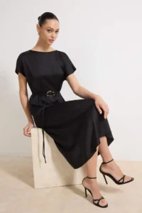 TRENDYOLMİLLA Black Binding Detailed Arched Midi Satin Weaving Dress