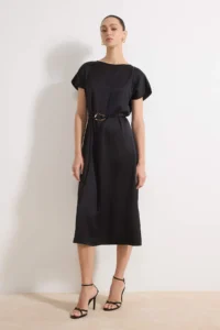 TRENDYOLMİLLA Black Binding Detailed Arched Midi Satin Weaving Dress - Image 2