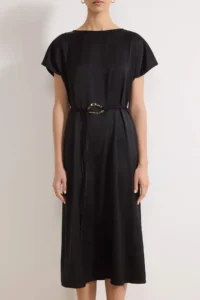 TRENDYOLMİLLA Black Binding Detailed Arched Midi Satin Weaving Dress - Image 3