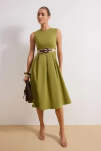 TRENDYOLMİLLA Khaki Plain Arched Pleat Detailed Midi Weaving Dress