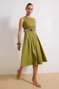 TRENDYOLMİLLA Khaki Plain Arched Pleat Detailed Midi Weaving Dress - Image 2