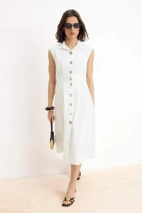 TRENDYOLMİLLA Ecru buttoned Midi Weaving Shirt Dress