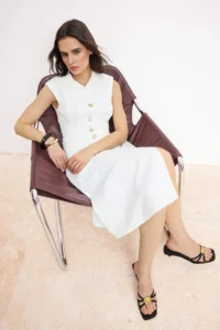 TRENDYOLMİLLA Ecru buttoned Midi Weaving Shirt Dress - Image 2