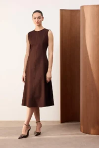 TRENDYOLMİLLA Wardrobe Essential Brown Plain Contrast Stitching Detailed Midi Weaving Dress