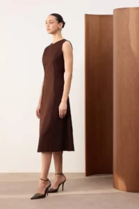 TRENDYOLMİLLA Wardrobe Essential Brown Plain Contrast Stitching Detailed Midi Weaving Dress - Image 2