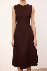 TRENDYOLMİLLA Wardrobe Essential Brown Plain Contrast Stitching Detailed Midi Weaving Dress - Image 3