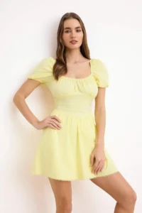 TRENDYOLMİLLA Light Yellow Plain Lace Detailed Short / Mini Weaving Dress