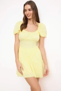 TRENDYOLMİLLA Light Yellow Plain Lace Detailed Short / Mini Weaving Dress - Image 2