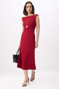 TRENDYOLMİLLA Burgundy Back Detailed Midi Flexible Weaving Dress - Image 2