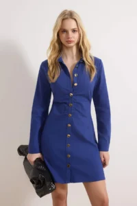TRENDYOLMİLLA Navy Blue buttoned Mini Gabardine Weaving Dress