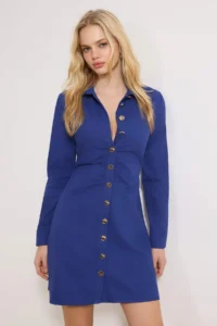 TRENDYOLMİLLA Navy Blue buttoned Mini Gabardine Weaving Dress - Image 2