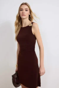 TRENDYOLMİLLA Brown bodycon Asymmetric Yaka Sleeveless Accessory Detailed Maxi Flexible Knitting Dress - Image 2