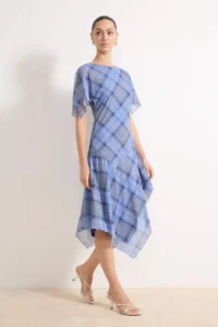 TRENDYOLMİLLA Multicolored Plaid Angel Arm Short Sleeve with flywheel/Frilly Midi Foam Knitting Dress
