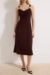 TRENDYOLMİLLA Brown bodycon Heart Yaka Thick Sleeveless Sleeveless Accessory Detailed Flexible Knitting Dress - Image 3