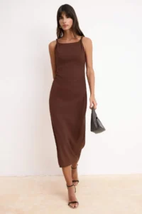 TRENDYOLMİLLA Brown bodycon Square Neck Sleeveless Shirred Maxi Paper Touch Knitting Dress