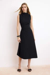 TRENDYOLMİLLA Black A-Kesim/Life Form Asymmetric Sleeveless Shirred Midi Paper Touch Knitting Dress