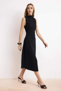 TRENDYOLMİLLA Black A-Kesim/Life Form Asymmetric Sleeveless Shirred Midi Paper Touch Knitting Dress - Image 2