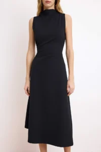 TRENDYOLMİLLA Black A-Kesim/Life Form Asymmetric Sleeveless Shirred Midi Paper Touch Knitting Dress - Image 3