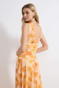 TRENDYOLMİLLA Multicolored Floral bodycon V-neck Thick Sleeveless Sleeveless Shirred Maxi Tulle Knitting Dress