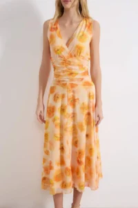 TRENDYOLMİLLA Multicolored Floral bodycon V-neck Thick Sleeveless Sleeveless Shirred Maxi Tulle Knitting Dress - Image 4