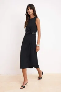 TRENDYOLMİLLA Black Belt Detailed shift/Plain Midi Sleeveless Scuba Crepe Flexible Knitting Dress - Image 2