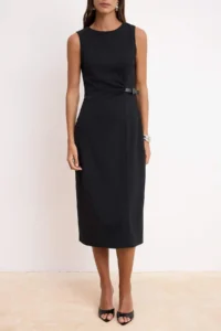 TRENDYOLMİLLA Black Belt Detailed shift/Plain Midi Sleeveless Scuba Crepe Flexible Knitting Dress - Image 3