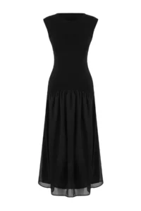 TRENDYOLMİLLA Black Midi Knitwear Weaving Skirt Detailed Dress - Image 5