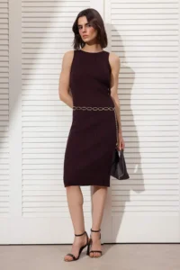 TRENDYOLMİLLA Brown Maxi Knitwear Lined and Ribbed Dress with Chest Pad