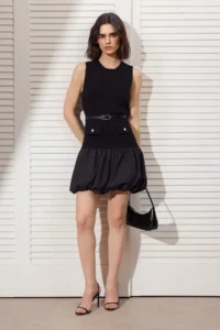 TRENDYOLMİLLA Black Plain Short / Mini Crew Neck Mini Balloon Skirt Garni Detailed Knit Dress - Image 2