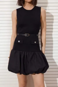 TRENDYOLMİLLA Black Plain Short / Mini Crew Neck Mini Balloon Skirt Garni Detailed Knit Dress - Image 3