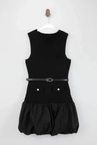 TRENDYOLMİLLA Black Plain Short / Mini Crew Neck Mini Balloon Skirt Garni Detailed Knit Dress - Image 5