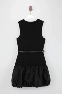 TRENDYOLMİLLA Black Plain Short / Mini Crew Neck Mini Balloon Skirt Garni Detailed Knit Dress - Image 7