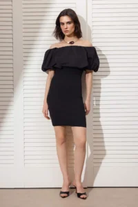 TRENDYOLMİLLA Black Short / Mini Bodysuit hugging Knitwear Weaving peplum Detailed Dress