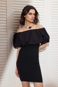 TRENDYOLMİLLA Black Short / Mini Bodysuit hugging Knitwear Weaving peplum Detailed Dress - Image 2