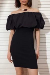 TRENDYOLMİLLA Black Short / Mini Bodysuit hugging Knitwear Weaving peplum Detailed Dress - Image 3