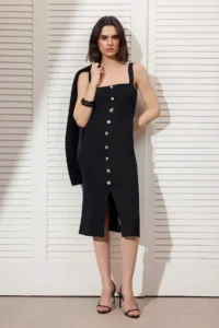 TRENDYOLMİLLA Black Plain Midi Square Neck Bodysuit hugging Jewelery buttoned Knit Dress