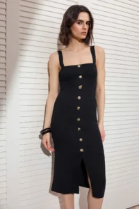 TRENDYOLMİLLA Black Plain Midi Square Neck Bodysuit hugging Jewelery buttoned Knit Dress - Image 2