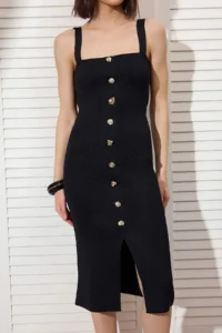 TRENDYOLMİLLA Black Plain Midi Square Neck Bodysuit hugging Jewelery buttoned Knit Dress - Image 3
