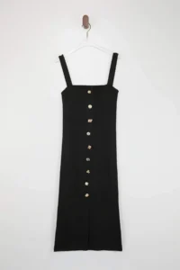 TRENDYOLMİLLA Black Plain Midi Square Neck Bodysuit hugging Jewelery buttoned Knit Dress - Image 5