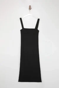 TRENDYOLMİLLA Black Plain Midi Square Neck Bodysuit hugging Jewelery buttoned Knit Dress - Image 6