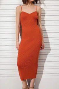 TRENDYOLMİLLA Orange Bodysuit hugging/bodycone Plain Midi Knit Dress - Image 3