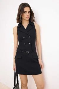 TRENDYOLMİLLA Black Arched Jacket Yaka Short / Mini Weaving Dress
