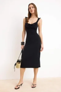 TRENDYOLMİLLA Black bodycon V-neck Thick Sleeveless Sleeveless with flywheel/Frilly Maxi Flexible Knitting Dress