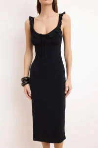 TRENDYOLMİLLA Black bodycon V-neck Thick Sleeveless Sleeveless with flywheel/Frilly Maxi Flexible Knitting Dress - Image 3