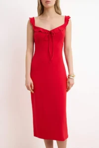 TRENDYOLMİLLA Rejection bodycon V-neck Thick Sleeveless Sleeveless with flywheel/Frilly Maxi Flexible Knitting Dress - Image 3