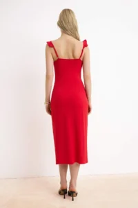TRENDYOLMİLLA Rejection bodycon V-neck Thick Sleeveless Sleeveless with flywheel/Frilly Maxi Flexible Knitting Dress - Image 4